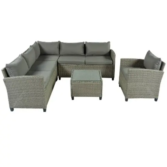 5pc Outdoor Wicker Conversation Set with Loveseats, Sofa, Arm Chair & Coffee Table - Gray - GODEER image {3}