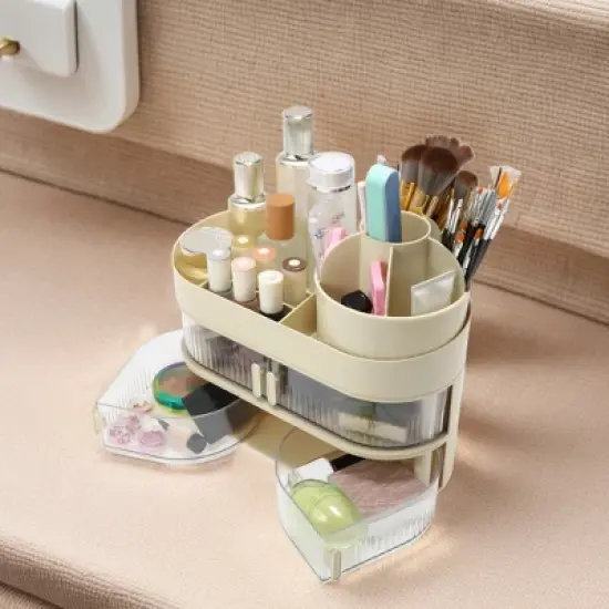 Unique Bargains Rotating Makeup Organizer with Drawer Beige 1 Pc image {1}