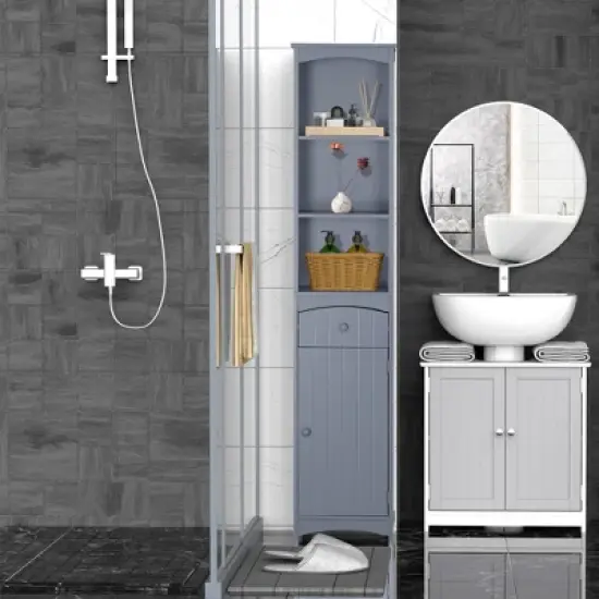 HOMCOM Bathroom Storage Cabinet, Free Standing Bath Storage Unit, Tall Linen Tower with 3-Tier Shelves and Drawer, Gray image {1}