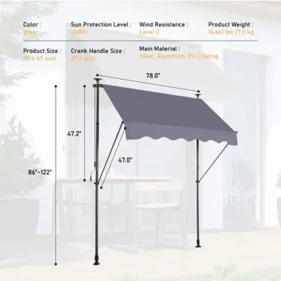 Sevobal Patio Umbrellas Manual Retractable Awning, Non-Screw Outdoor Sun Shade Cover With UV Protection For Backyard, Gray, 78"*47"*122" image {2}