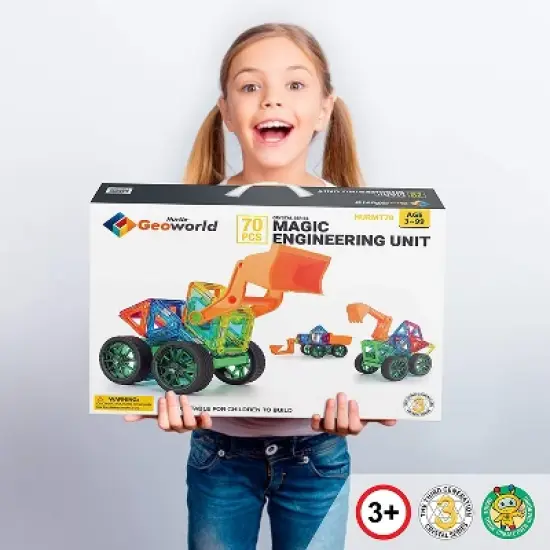 Hurtle Kids Childrens Deluxe 70 Piece Educational STEM Engineering Magnetic Building Block Set with 2 Big Wheels, Car Body, and Bulldozer Arm, Multi image {1}
