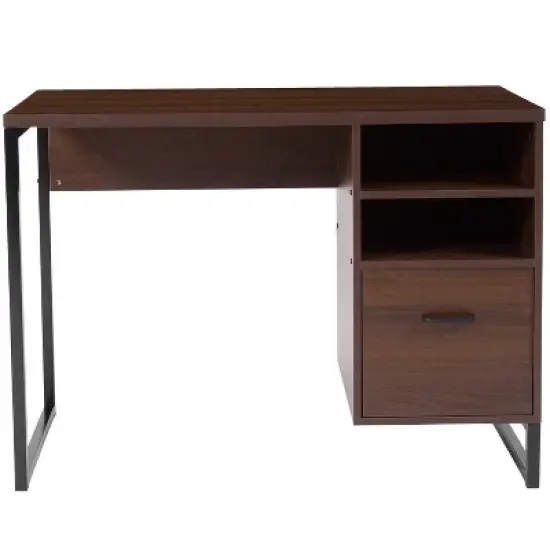 Merrick Lane Rustic Computer Desk with Shelving and Storage Drawer Metal Frame Pedestal Base Home Office Desk image {2}