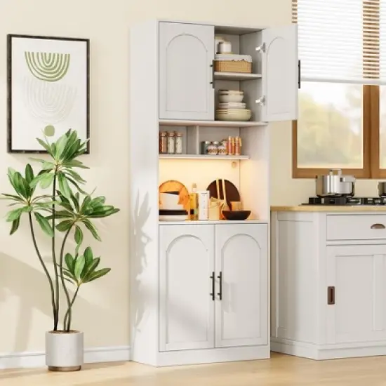 Kitchen Pantry Cabinet with RGB Light, Tall Kitchen Hutch Bar Cabinet with Microwave Stand and Barn Doors & 2 Open Shelves image {8}