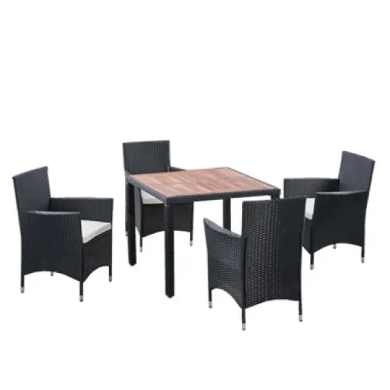 YOOCOZZ Outdoor Patio Weatherproof Wicker Rattan Dining Set with Acacia Wood Tabletop - Black+Cream image {7}