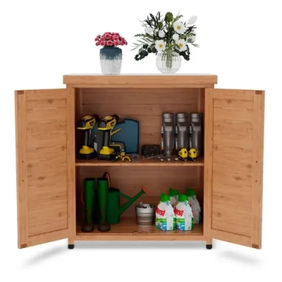 WELLFOR Outdoor Potting Bench with Storage Cabinet and Metal Table Top Light Brown image {6}