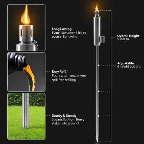 Sorbus Set of 4 Stainless Steel 5ft Outdoor Torches - Decorative Garden & Yard Lights - Fiberglass Wick & Snuffer Cap (Barrel) image {5}