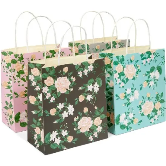 Sparkle and Bash 12-Pack Floral Small Kraft Gift Bags with Handles & 20 Tissue Paper (4 Colors, 8 x 9 x 4 in) image {1}