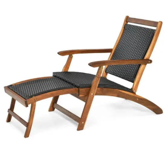 Tangkula 2PCSPatio Folding Rattan Chaise Lounge Chair Acacia Wooden Frame W/ Retractable Footrest for Poolside&Patio image {8}