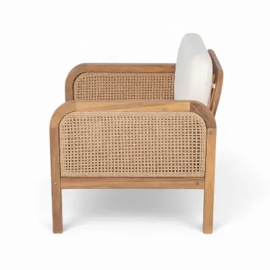 Christopher Knight Home Curtis Patio Rattan and Acacia Wood Club Chair with Water-Resistant Cushion, Brown/Beige image {4}