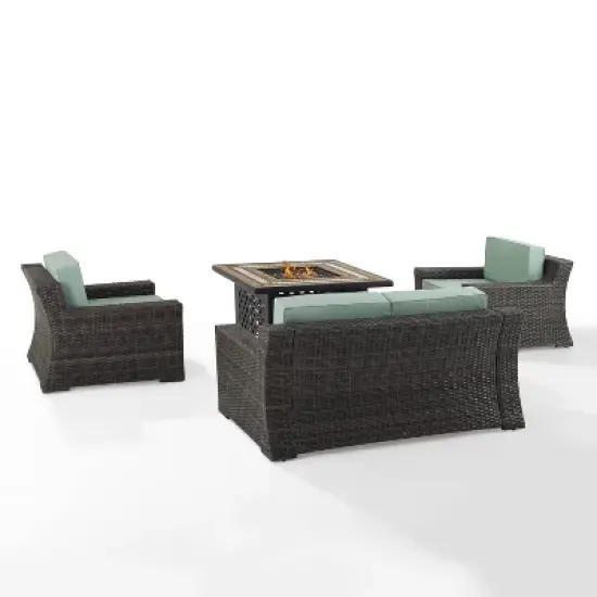 Beaufort 4 Pc Outdoor Wicker Conversation Set - Love seat and 2 Chairs with Fire Table Mist/Brown - Crosley image {2}