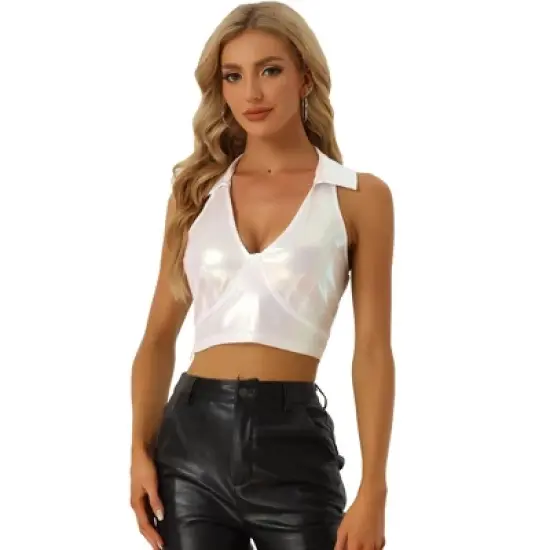 Allegra K Women's Shimmering Shiny Party Holographic Crop Metallic Halter Top image {6}