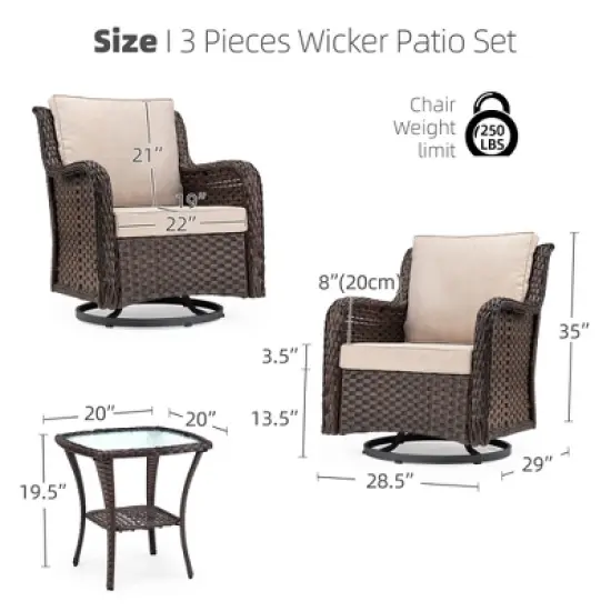 Outdoor Swivel Wicker Glider Patio Chairs with Table Set, 3PCS Outdoor Bistro Set with 4inch Thick Cushions and Coffee Table for Porch, Balcony image {1}
