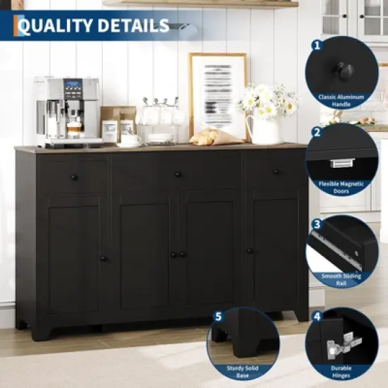 55 Large Sideboard Buffet Cabinet with 3 Drawers & Doors Farmhouse Kitchen Storage Cabinet Console Table Coffee Bar Buffet Table with Adjustable Shelf image {6}