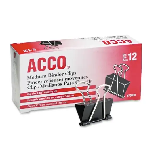 ACCO Medium Binder Clips Steel Wire 5/8" Cap 1 1/4"w Black/Silver Dozen 72050 image {5}