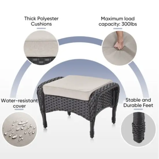 POCASSY Outdoor Ottomans Set of 2 with Cushion, Black Wicker Patio Footrest with All Weather Wicker Rattan and Beige Cushion image {3}