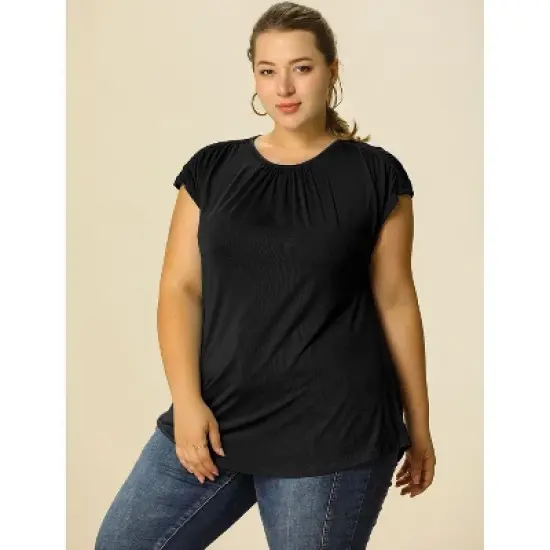 Agnes Orinda Women's Plus Size Round Neck Ruched Short Sleeve Summer Casual Blouses image {1}