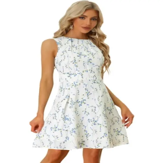 Allegra K Women's Floral Print Round Neck High Waist Elegant Sleeveless A-Line Short Dress image {5}