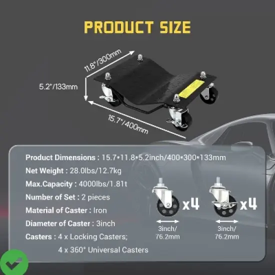 Heavy-Duty Steel Car Wheel Dolly Set of 2/4 4000lbs/8000LBS Capacity Anti-Skid Tire Skates with 360&deg; Swivel Casters image {1}