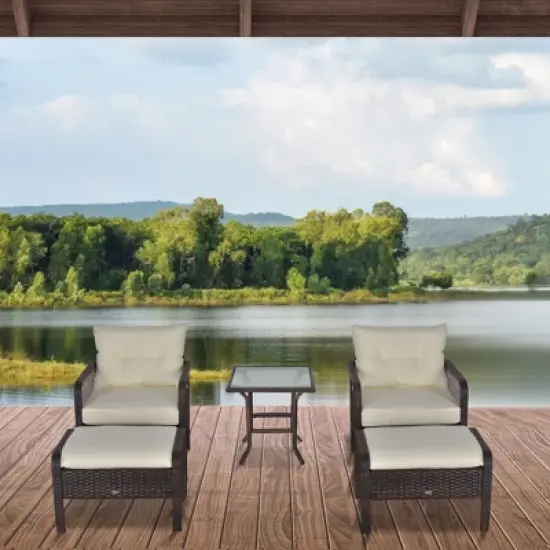 Outsunny 5-Piece Wicker Patio Armchair Set with Ottoman, Outdoor PE Rattan Furniture Set with Comfortable Zippered Cushions & Weather-Fighting Build image {1}