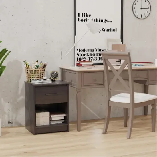 Costway 2PCS Nightstand with Drawer Storage Shelf Wooden End Side Table Bedroom Brown / Black / Natiral image {3}