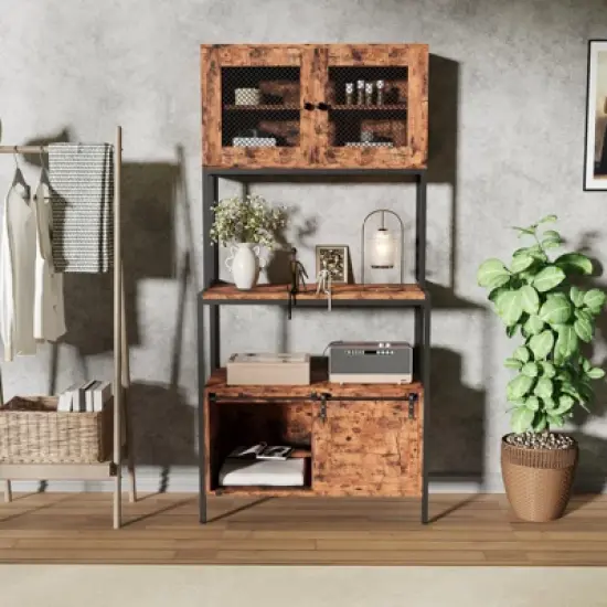 63" Industrial Microwave Stand 5-Tier Kitchen Bakers Rack with Cabinets & Charging Station, Utility Shelves Storage Shelf for Dining Room image {6}