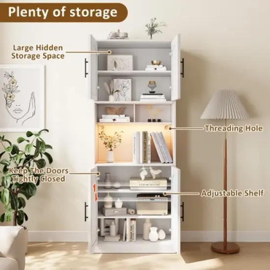 Kitchen Pantry Cabinet with RGB Light, Tall Kitchen Hutch Bar Cabinet with Microwave Stand and Barn Doors & 2 Open Shelves image {2}