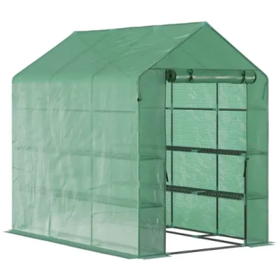 Outsunny Walk-in Greenhouse, 2-Tier Shelves, Steel Frame Hot house, Roll-Up Zipper Door for Flowers, Vegetables, Green image {7}