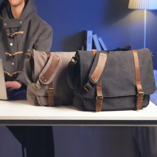 Vintage Canvas Messenger Bag for Men 15.6-16 inch Laptop bag,Computer Satchel Shoulder Bag for School Work Travel (Grey) image {1}