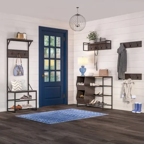 Afton 4 Hook Metal Frame Wall Shelf Woodgrain - RiverRidge Home image {3}