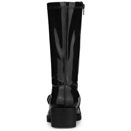 Allegra K Women's Round Toe Chunky Heels Patent Leather Mid Calf Boots image {3}