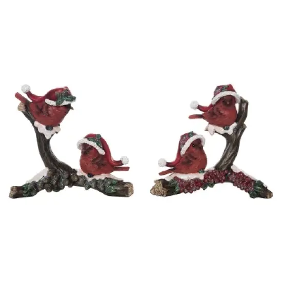 Transpac Set of 2 Resin Santa Hat Cardinal Figurines on Branch - Festive Christmas Decorative Objects for Holiday Cheer image {1}