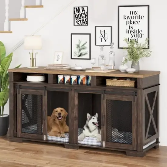ODK 71" Dog Crate Furniture for 2 Dogs, Dog Kennel, Extra Large Double Dog Cage As TV Stand, Furniture Style Dog Crates with Sliding Barn Door image {9}