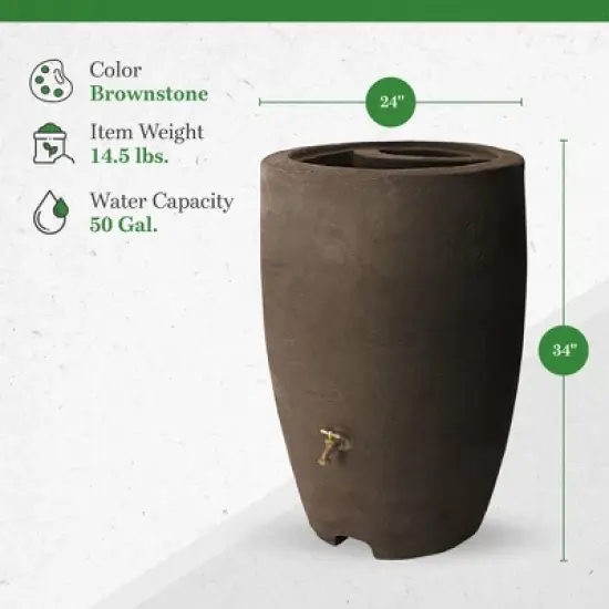 Algreen Athena 50 Gallon Plastic Outdoor Rain Barrel with Brass Spigot and Screen Guard for Rain Water Collection and Storage, Brownstone image {3}
