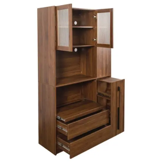 Ridstar 70.87 in. H Freestanding Kitchen Pantry Cabinet with Multi-Functional Pull-Out Shelving, 2 Drawers & Glass Door-Brown image {2}