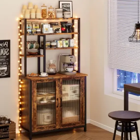 Bakers Rack with Cabinet, 5 Tier Microwave Stand 63.78", Baker Rack with Fluted Door Large Kitchen Oven Stand Tall Bar Cabinet, Retro Brown image {6}