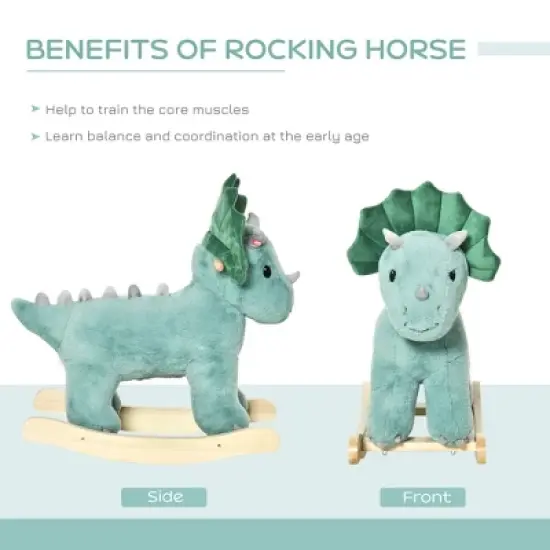 Qaba Kids Plush Ride-On Rocking Horse Triceratops-shaped Plush Toy Rocker with Realistic Sounds for Child 36-72 Months Dark Green image {5}