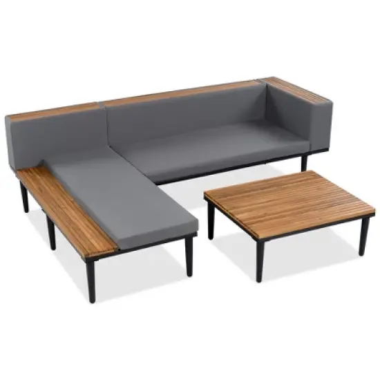 FIONECA Patio Furniture Set, L-Shaped Acacia Wood Outdoor Sectional Sofa with Side Table & Coffee Table, Removable Gray Cushions image {9}