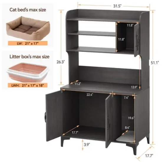 Hidden Cat Litter Box Furniture - Wooden Enclosure with Storage Shelves image {2}