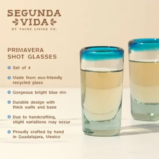 Segunda Vida Twine Primavera Colorful Shot Glasses - Tall Shot Glasses with Blue Rim - 100% Recycled Glasses 1oz Set of 4 image {1}