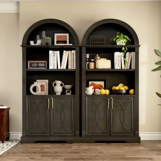 Fredees 71" Tall Arched Cabinet, Kitchen Pantry & China Cabinet, Arched Bookshelf with Open & Adjustable Shelves, Induction 3-Color Lights image {8}