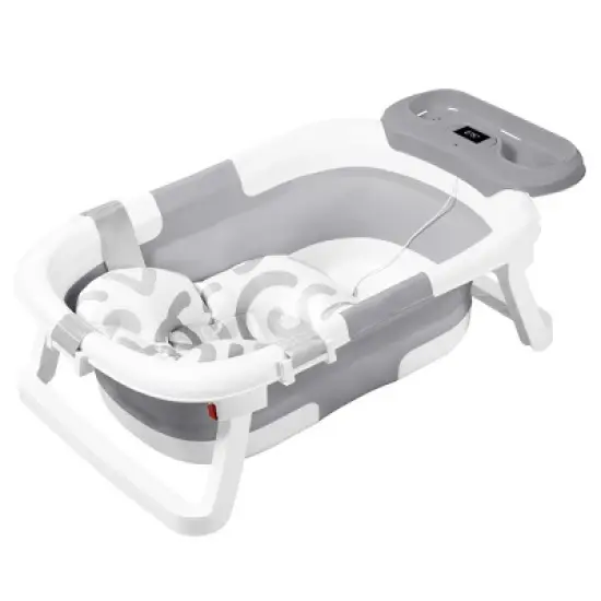 BabyBond Collapsible Baby Bathtub for Infant to Toddler, Portable Baby Bath Tub with Soft Cushion & Thermometer, Gray image {7}