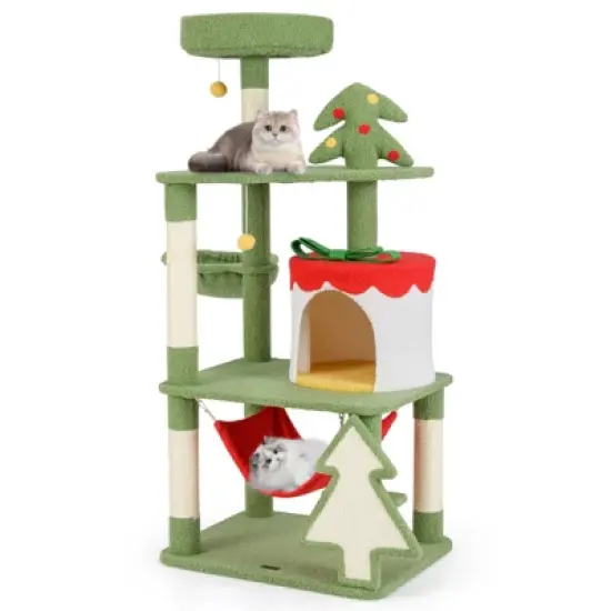 Costway 52" Tall Christmas Cat Tower w/ Sisal Scratching Posts & Xmas Tree Pet Indoor Furniture Holiday Decoration image {10}