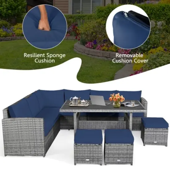 Tangkula 7PCS Rattan Patio Sectional Sofa Set Conversation Set w/ Navy Cushions image {7}