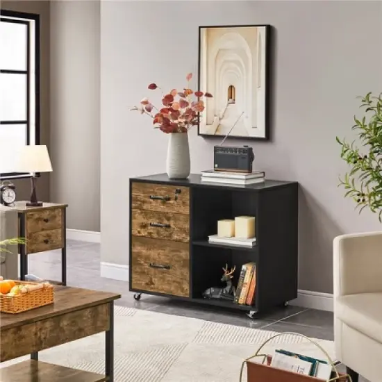 Yaheetech Vintage Mobile Letter Size Rolling File Cabinet with Drawer and Open Shelf for Home Office image {2}