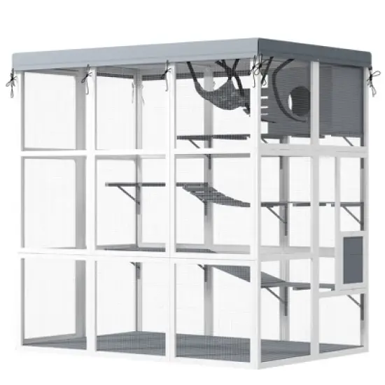 PawHut Outdoor Catio Cat Enclosure, Large Luxury Walk in Cat House with Hammock, Condo, Jump Platforms, Ladders, Ramps, Tarp, for 2-4 Cats, Gray, 71" image {3}
