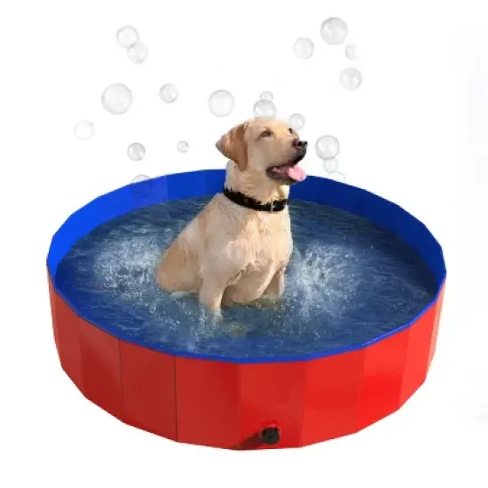 Portable Plastic Pool for Dogs - 47-Inch Diameter Foldable Pool with Carrying Bag - Large Pet Pool with Drain for Bathing or Play by PETMAKER (Red) image {8}