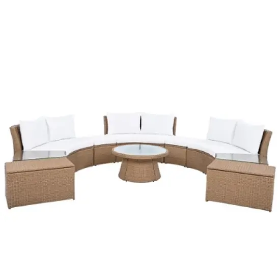 FIONECA 10-Piece White Outdoor Sectional Half Round Patio Rattan Sofa Set, All-Weather PE Wicker Conversation Furniture with Cushions image {8}