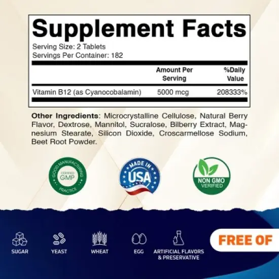 Vitamin B12 5000 mcg per Serving Fast Dissolve 365 Tablets image {1}