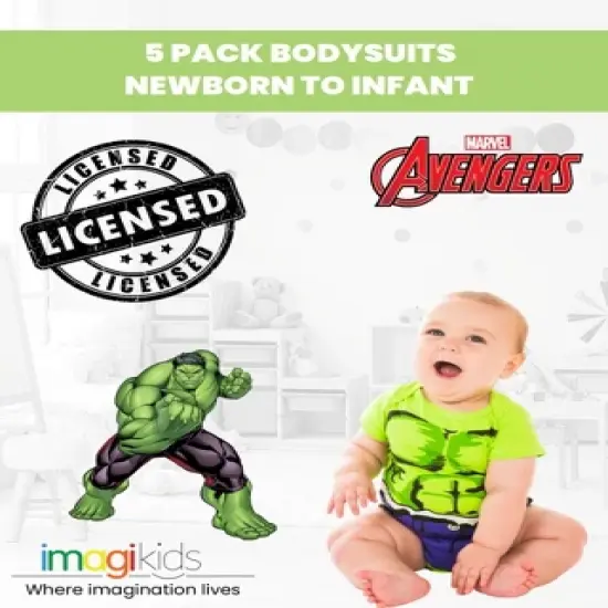 Marvel Avengers Hulk Captain America Iron Man Baby 5 Pack Bodysuits Newborn to Infant image {2}