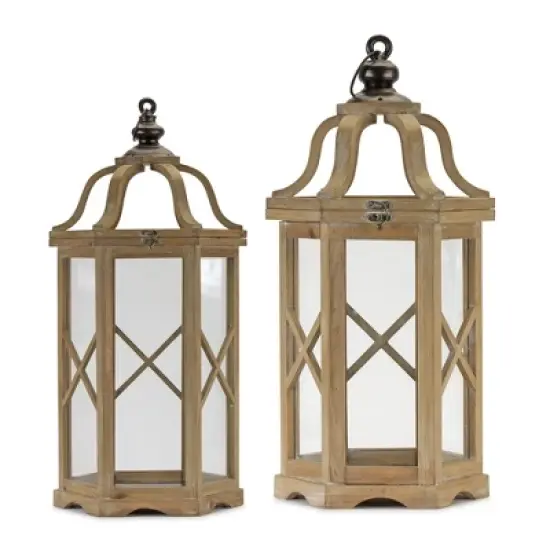 HomeRoots Set of Two Natural And Brown Distressed Geometric Wood And Metal Floor Lantern Candle Holders image {5}
